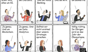 Cartoon: Diskussion über aktuelle Technologietrends in der Finanzbranche