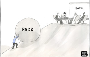 Cartoon: Umsetzung von PSD2 wird zur Sisyphus-Aufgabe