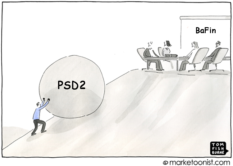 Cartoon: Umsetzung von PSD2 wird zur Sisyphus-Aufgabe