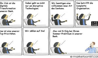 Cartoon: Digitale Transformation einer Bank als Aufgabe