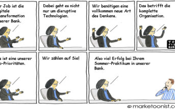 Cartoon: Digitale Transformation einer Bank als Aufgabe